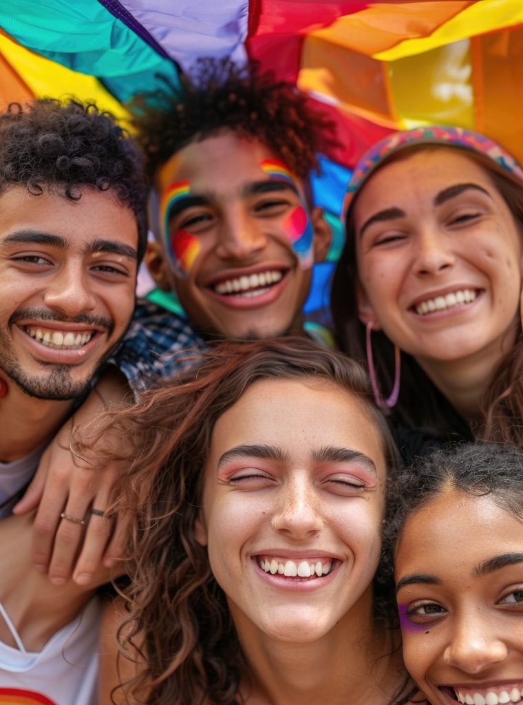 A group of young adults posing together for a photo shoot.